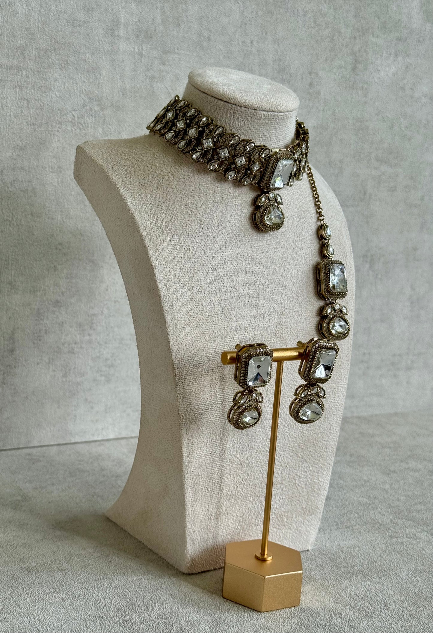 Ayura Designs Ella Choker Set with Tikka & Earrings – Antique Gold with Mirror-Cut Stones