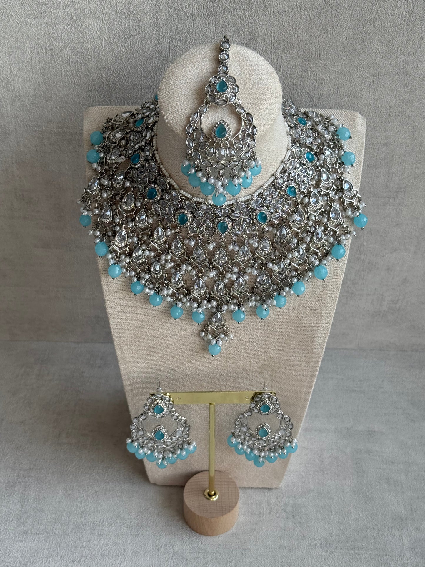 Ayura Designs Eknoor Set – Necklace, Tikka & Earrings with Aqua Blue Beads, Pearls and Silver Finish