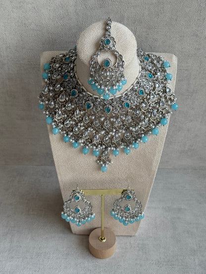 Ayura Designs Eknoor Set – Necklace, Tikka & Earrings with Aqua Blue Beads, Pearls and Silver Finish