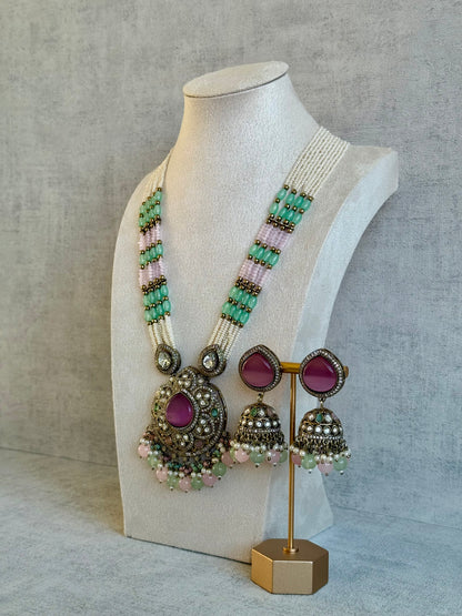 Ayura Designs Brielle Set – Necklace & Jhumkis with Mirror-Cut Stones in Berry Pink, Mint Green & Ivory