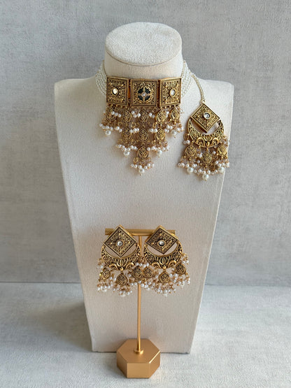 Ayura Designs Samera Choker Set with Earrings & Tikka – Ivory Beads, Pearl Detailing, Green Centre Stone, Floral Motifs & Antique Gold Finish
