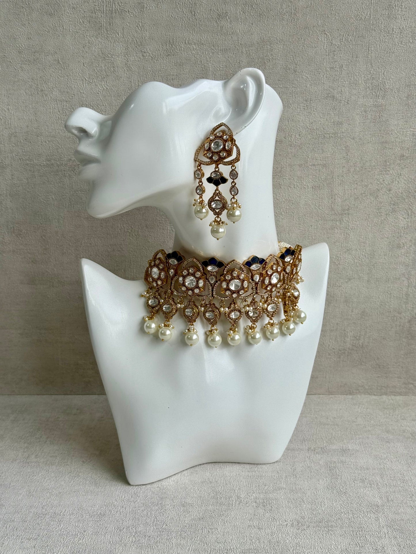 Ayura Designs Serina Choker Set with Earrings – Midnight Blue Enamel, Mirror-Cut Stones & Pearl Drops