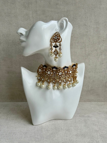 Ayura Designs Serina Choker Set with Earrings – Midnight Blue Enamel, Mirror-Cut Stones & Pearl Drops