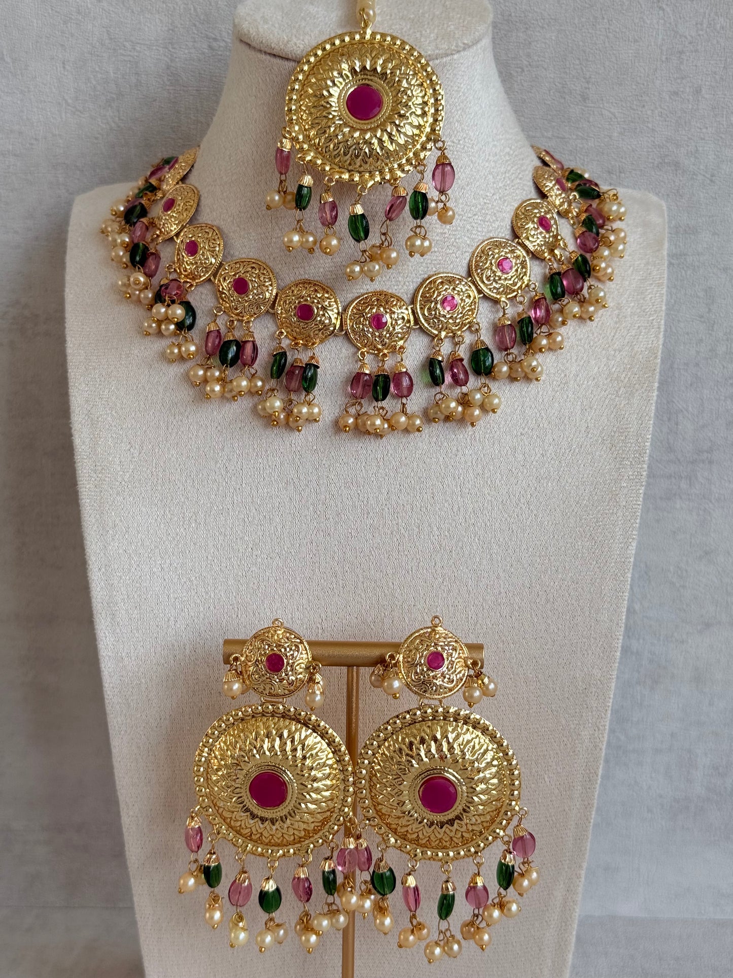 Ayura Designs Jyoti Set with Earrings & Tikka – Gold Disc Necklace with Ruby Pink, Emerald Green & Pearl Detailing