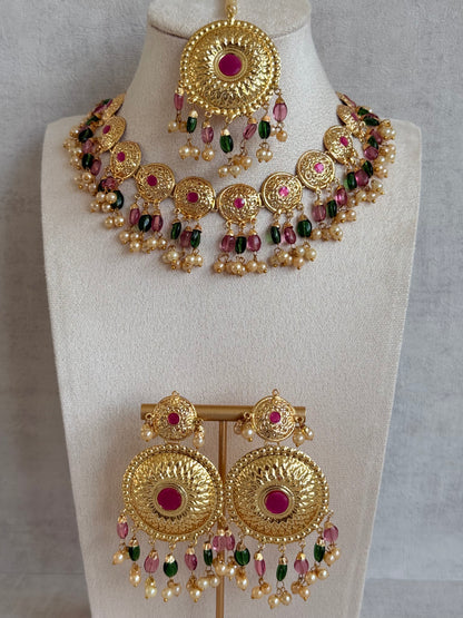 Ayura Designs Jyoti Set with Earrings & Tikka – Gold Disc Necklace with Ruby Pink, Emerald Green & Pearl Detailing