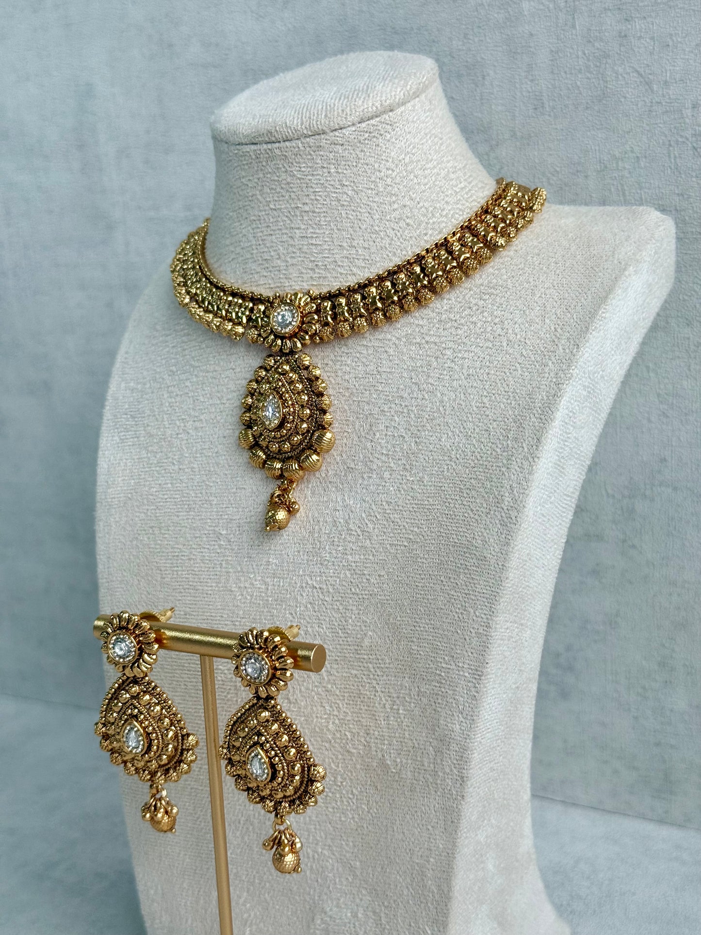Ayura Designs Ayma Necklace Set with Earrings – Antique Gold Finish with All-Crystal Detailing
