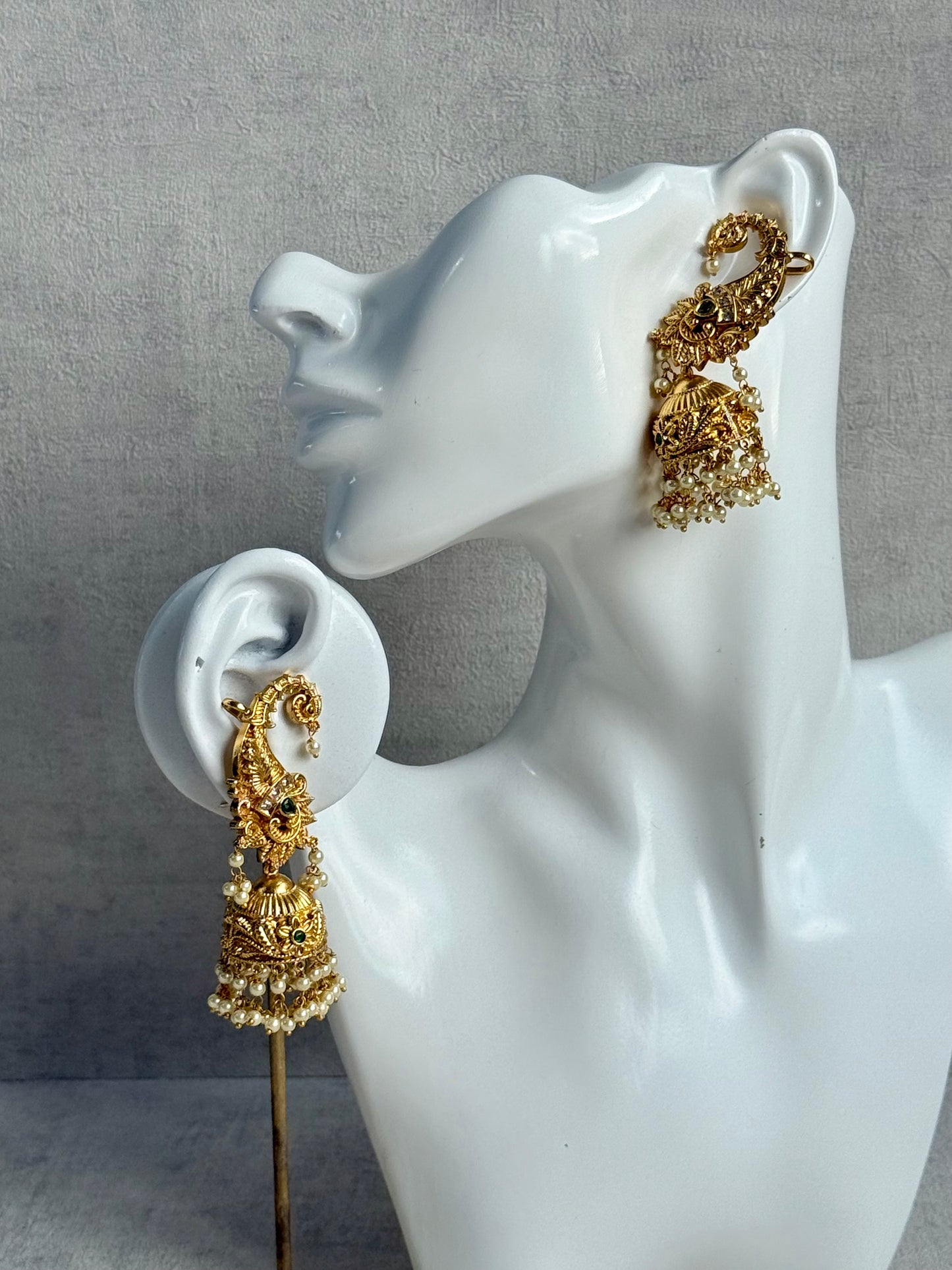 Ayura Designs Anika Jhumkis – Gold Half Ear Cuffs with Peacock Motif, Green Stone Accents, Kundan Crystals & Pearl Jhumka Drops