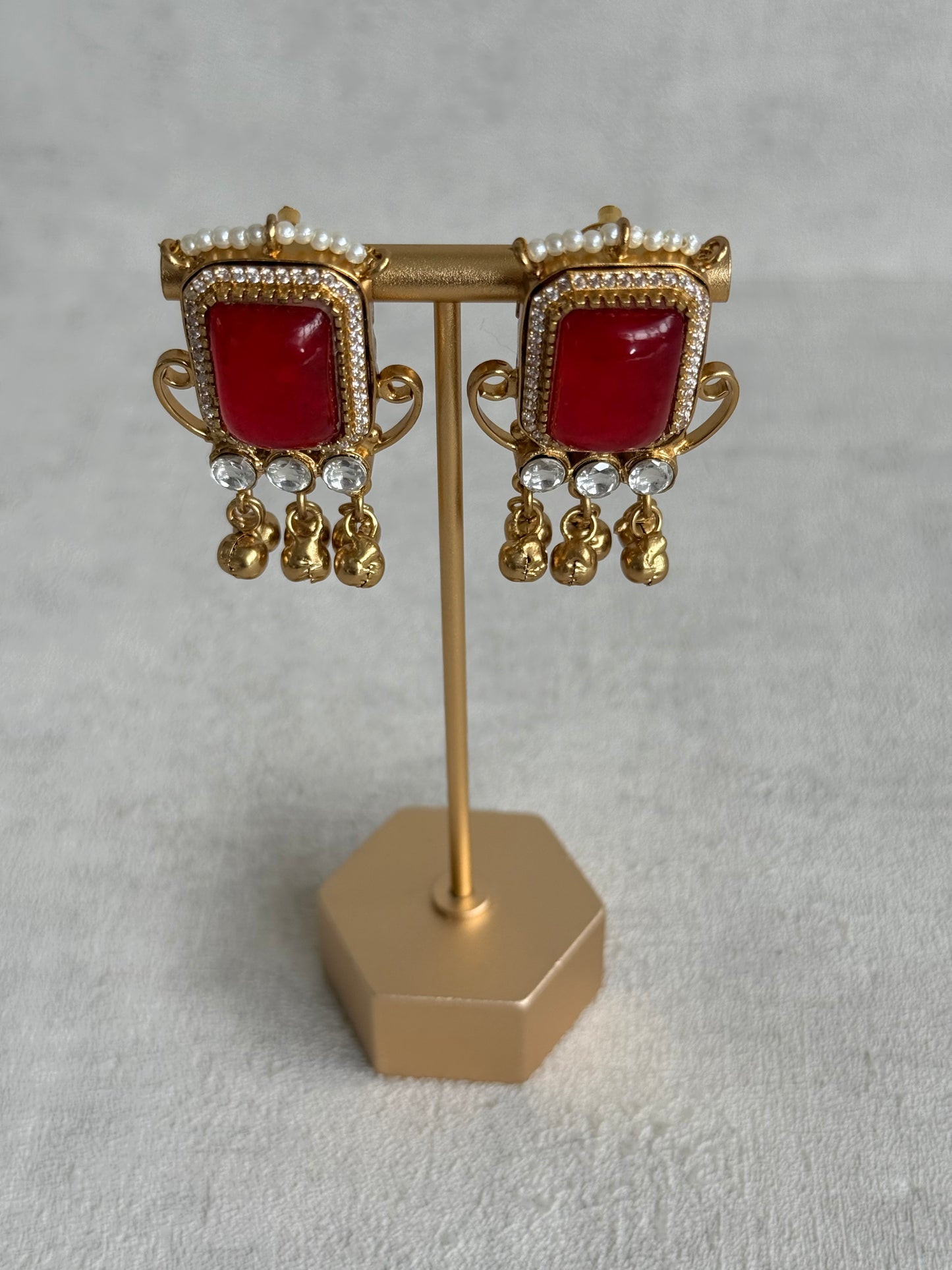 Ayura Designs Aleena Earrings – Ruby Red Stone Stud Earrings with Pearls & Ghungroo Detailing
