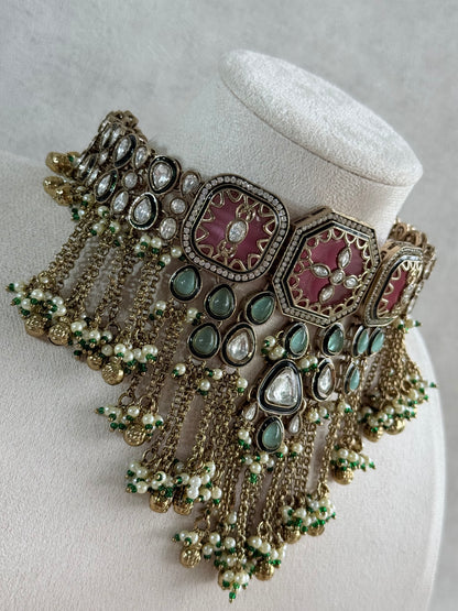 Ayura Designs Ashna Choker Set with Tikka and Earrings – Rose Pink, Mint Green & Kundan with Chains & Ghungroos in Antique Gold Finish