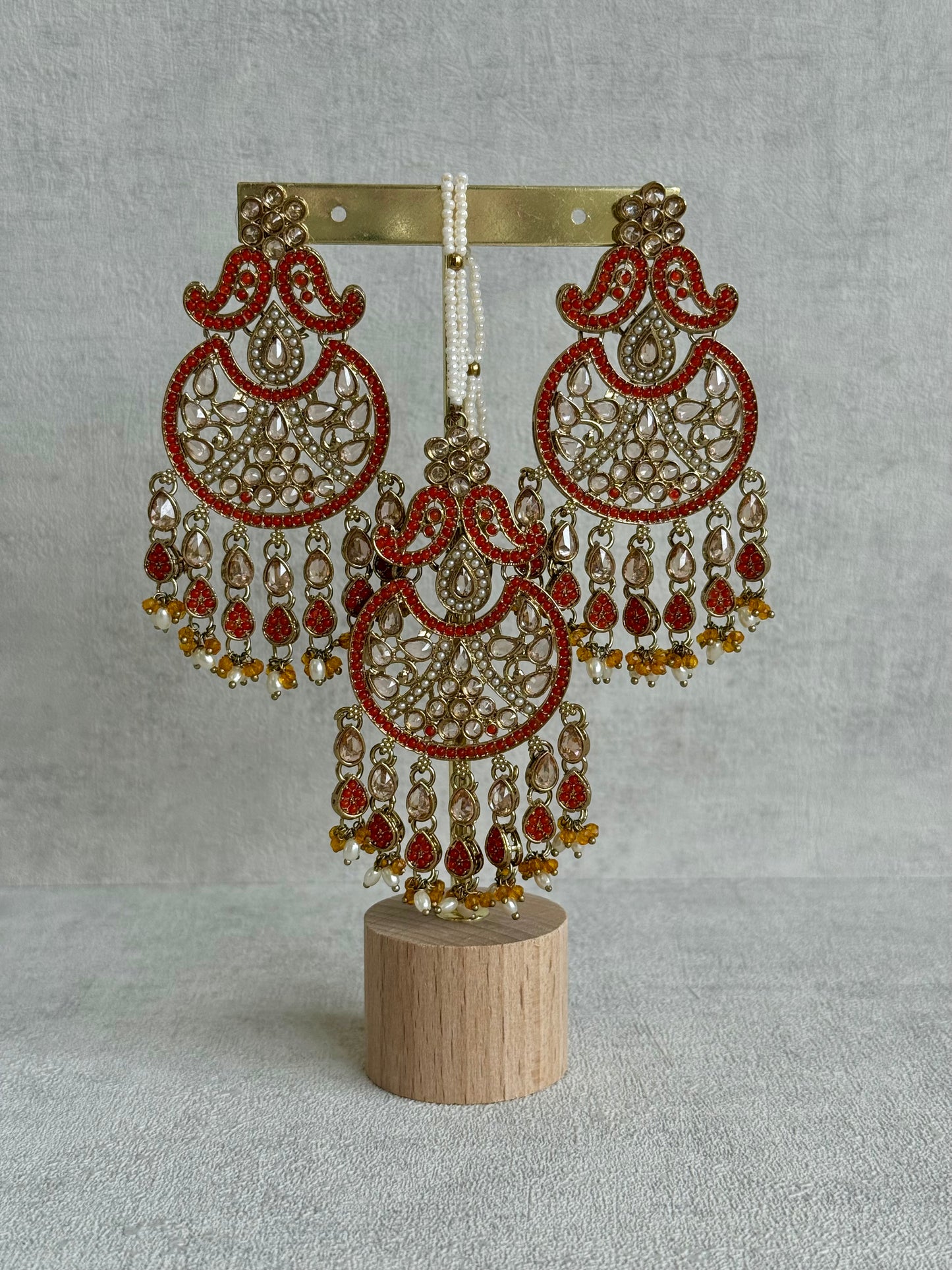 Ayura Designs Anvi Tikka Set with Earrings – Orange with Champagne Stones & Pearl Drops