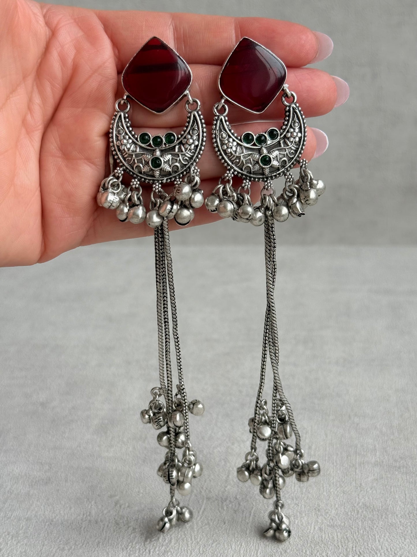 Ayura Designs Zarfa Earrings – Oxidised Earrings with Ruby Red Stones, Hanging Ghungroo Chains & Crescent Detailing