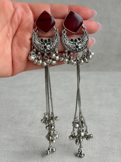 Ayura Designs Zarfa Earrings – Oxidised Earrings with Ruby Red Stones, Hanging Ghungroo Chains & Crescent Detailing
