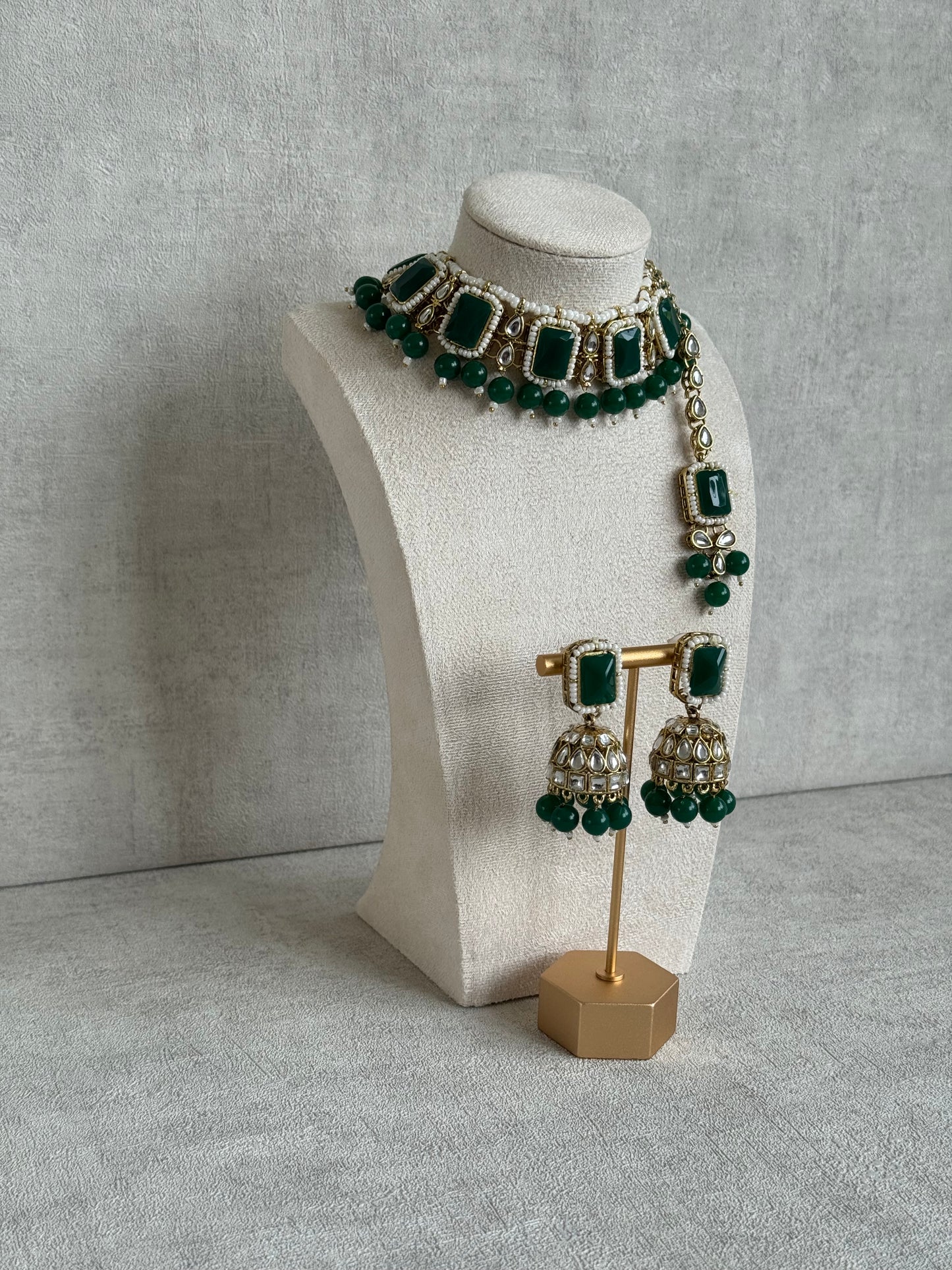 Ayura Designs Samaya Set with Jhumkis & Tikka – Emerald Green Stones, Kundan Detailing & Gold Finish