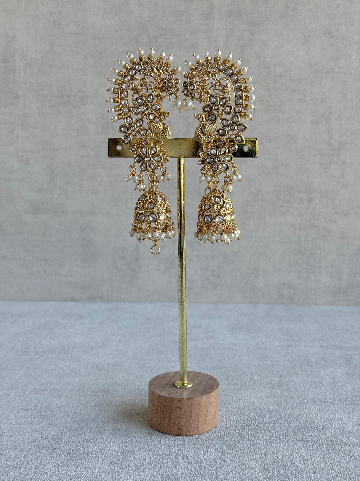 Ayura Designs Nitya Kaanphool Jhumkis – Gold Half Ear Cuff Earrings, Peacock Motifs, Kundan, Ivory Pearl Drops & Sahare