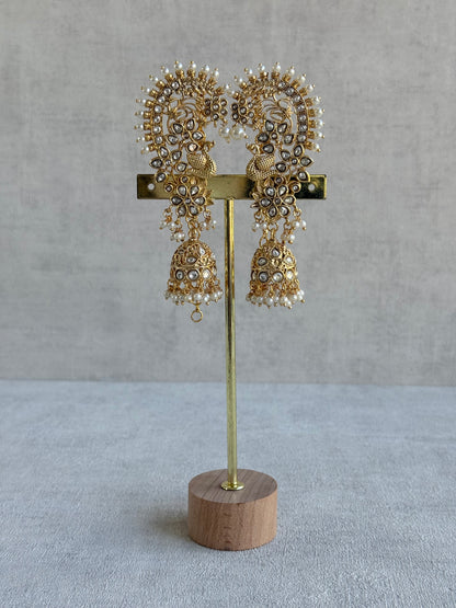 Ayura Designs Nitya Kaanphool Jhumkis – Gold Half Ear Cuff Earrings, Peacock Motifs, Kundan, Ivory Pearl Drops & Sahare