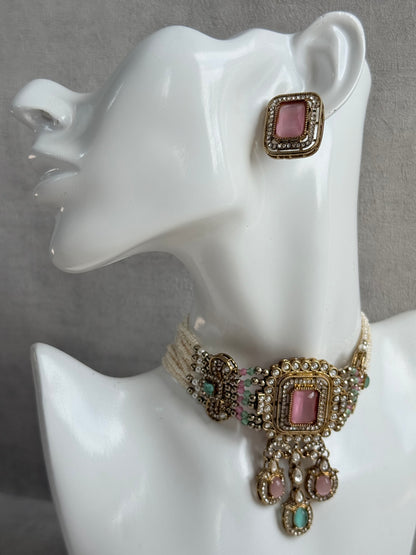 Ayura Designs Nabiha Choker Set with Studs – Blush Pink & Mint Green, Crystal Detailing & Gold Finish