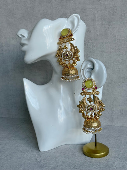 Ayura Designs Mahwish Jhumkis – Lime Yellow Stones, Pearls & Ghungroo Detailing