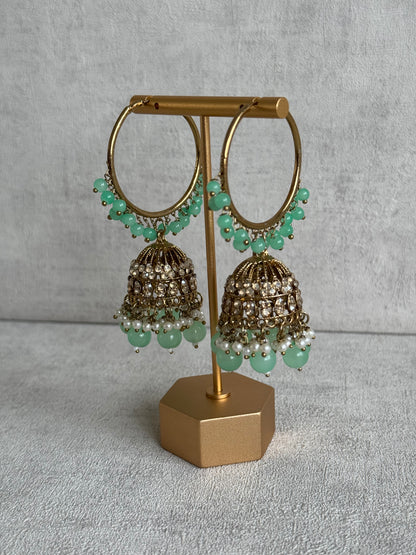 Ayura Designs Dastoor Tikka Set with Balis – Mint Green Beads, Champagne Stones & Pearls