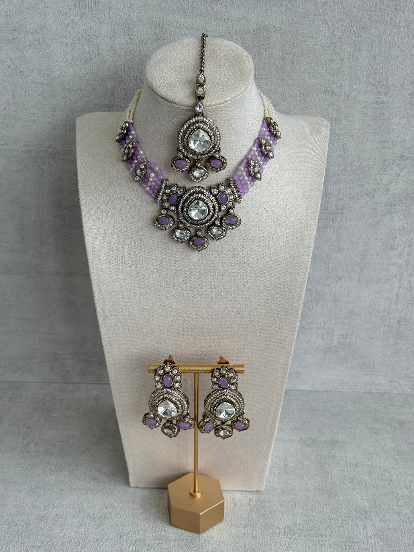 Ayura Designs Rahi Necklace Set with Earrings & Tikka – Lilac Stones with Mirror-Cut Detailing & Pearl Strands