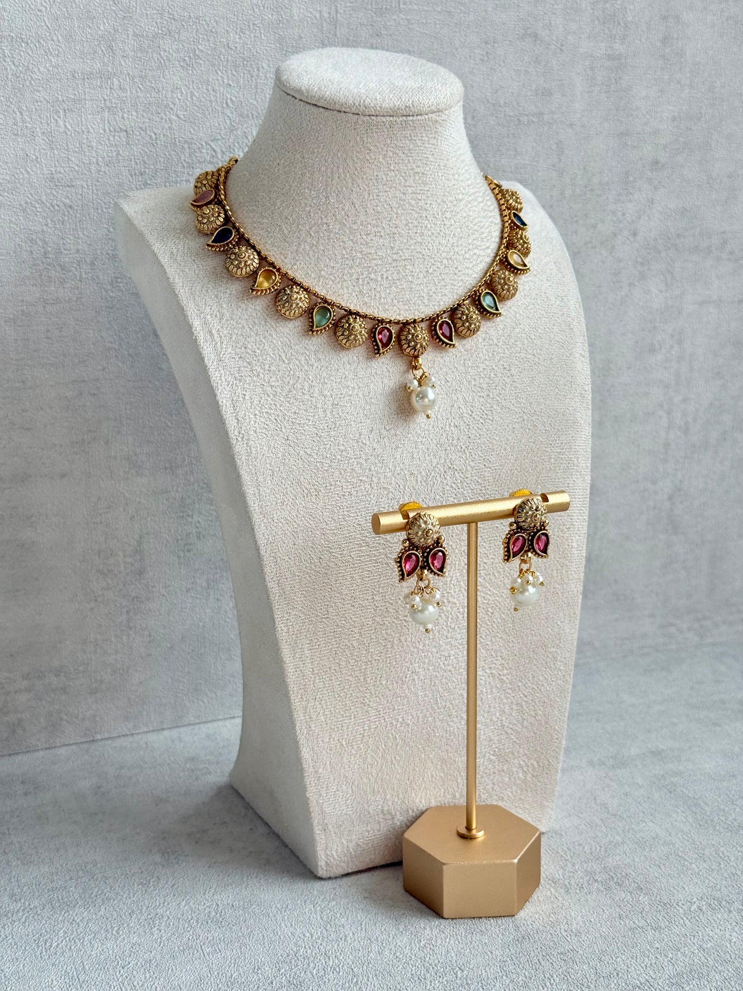Ayura Designs Mayura Necklace Set with Earrings – Antique Gold Meenakari Motifs with Pearl Drop & Multicolour Stones