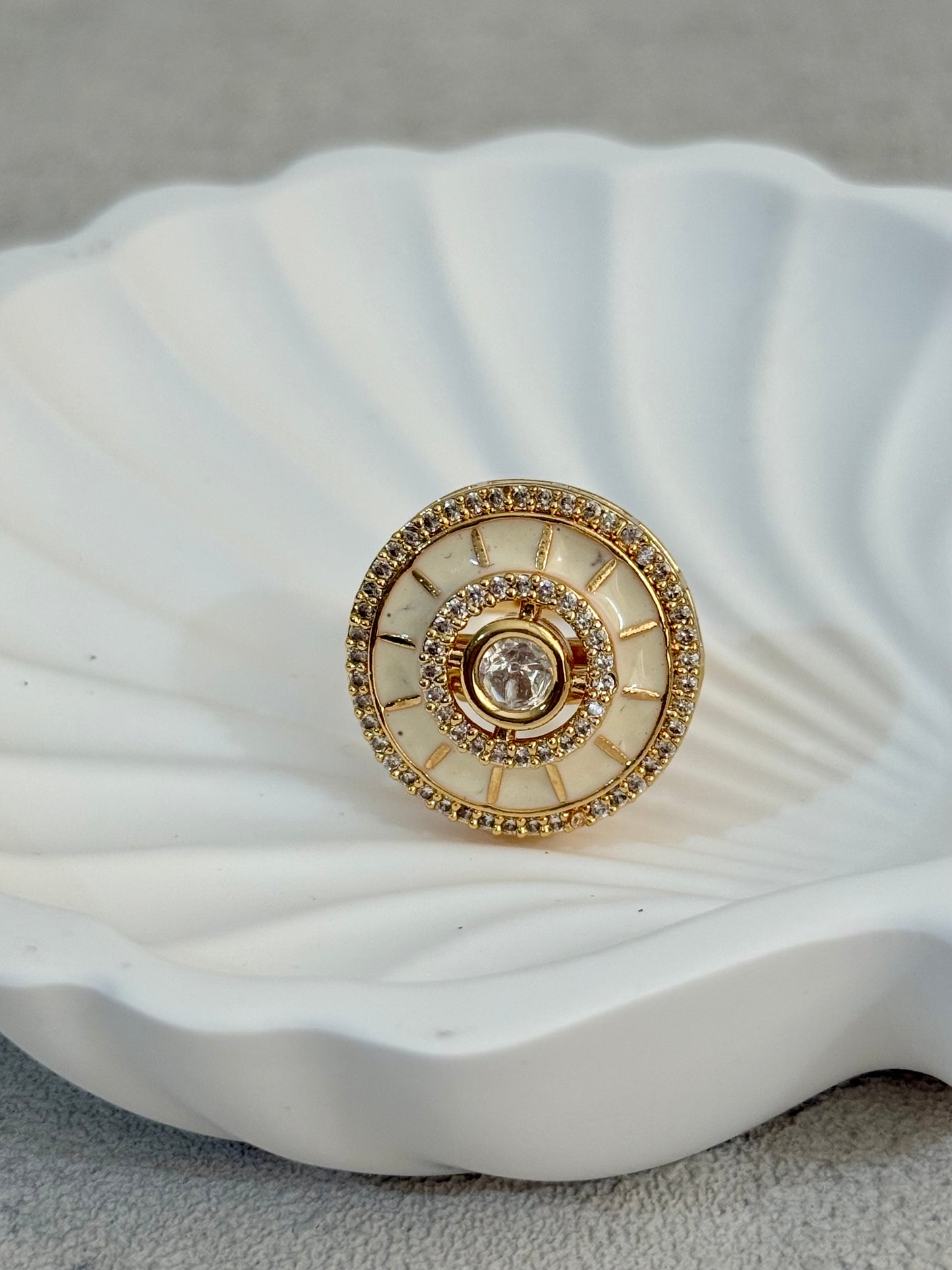 Ayura Designs Maisie Adjustable Ring – Ivory Enamel with Crystal Border & Moissanite Centre