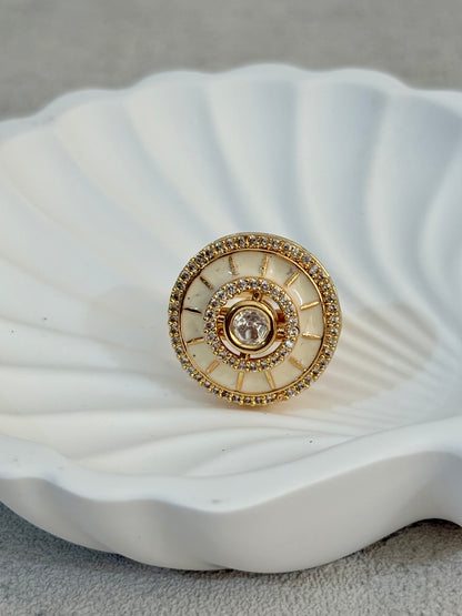 Ayura Designs Maisie Adjustable Ring – Ivory Enamel with Crystal Border & Moissanite Centre