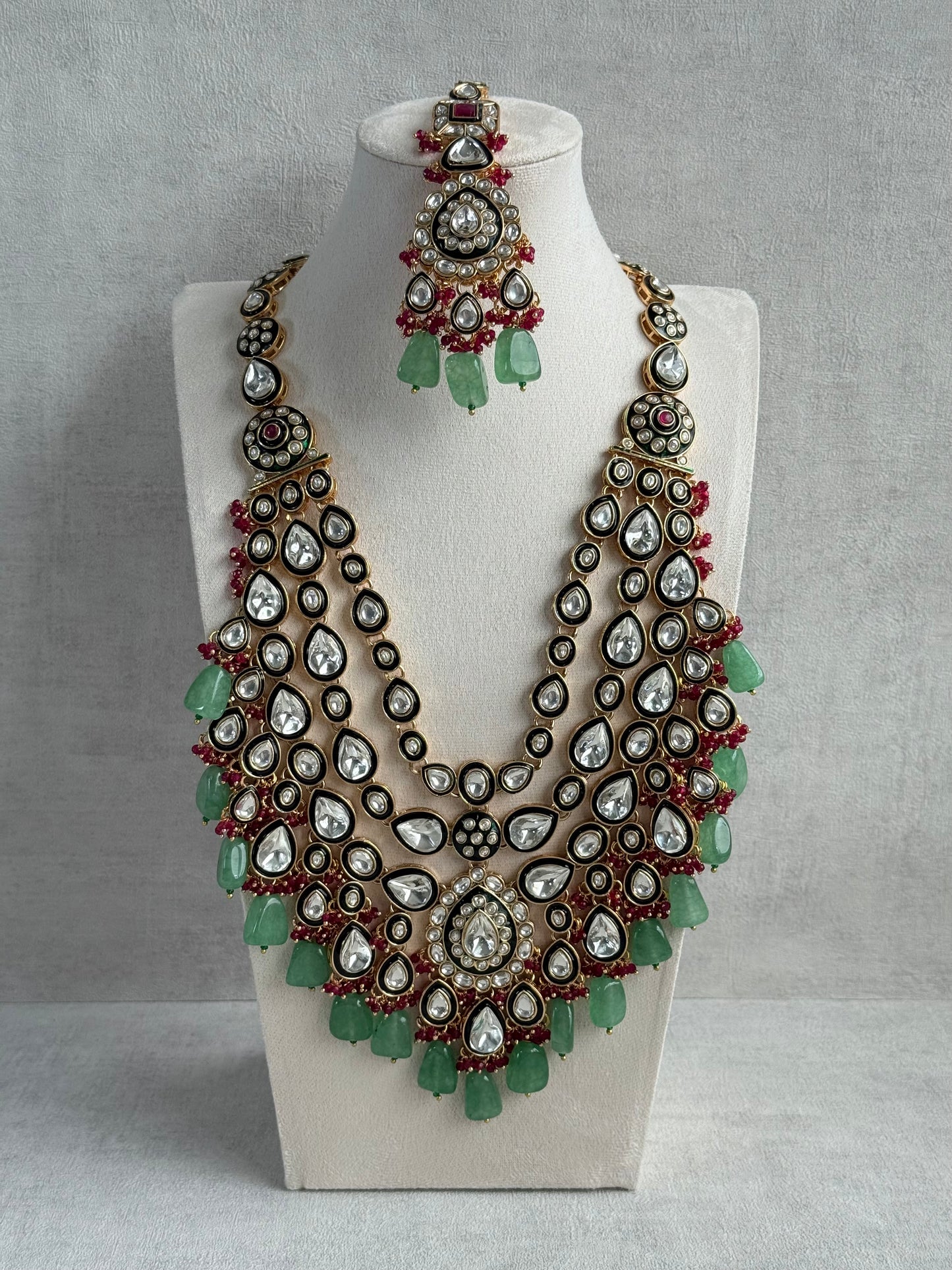 Ayura Designs Zahira Bridal Set with Necklace, Earrings & Tikka – Kundan Detailing with Green Enamel, Pink Stones & Jade Green Beads