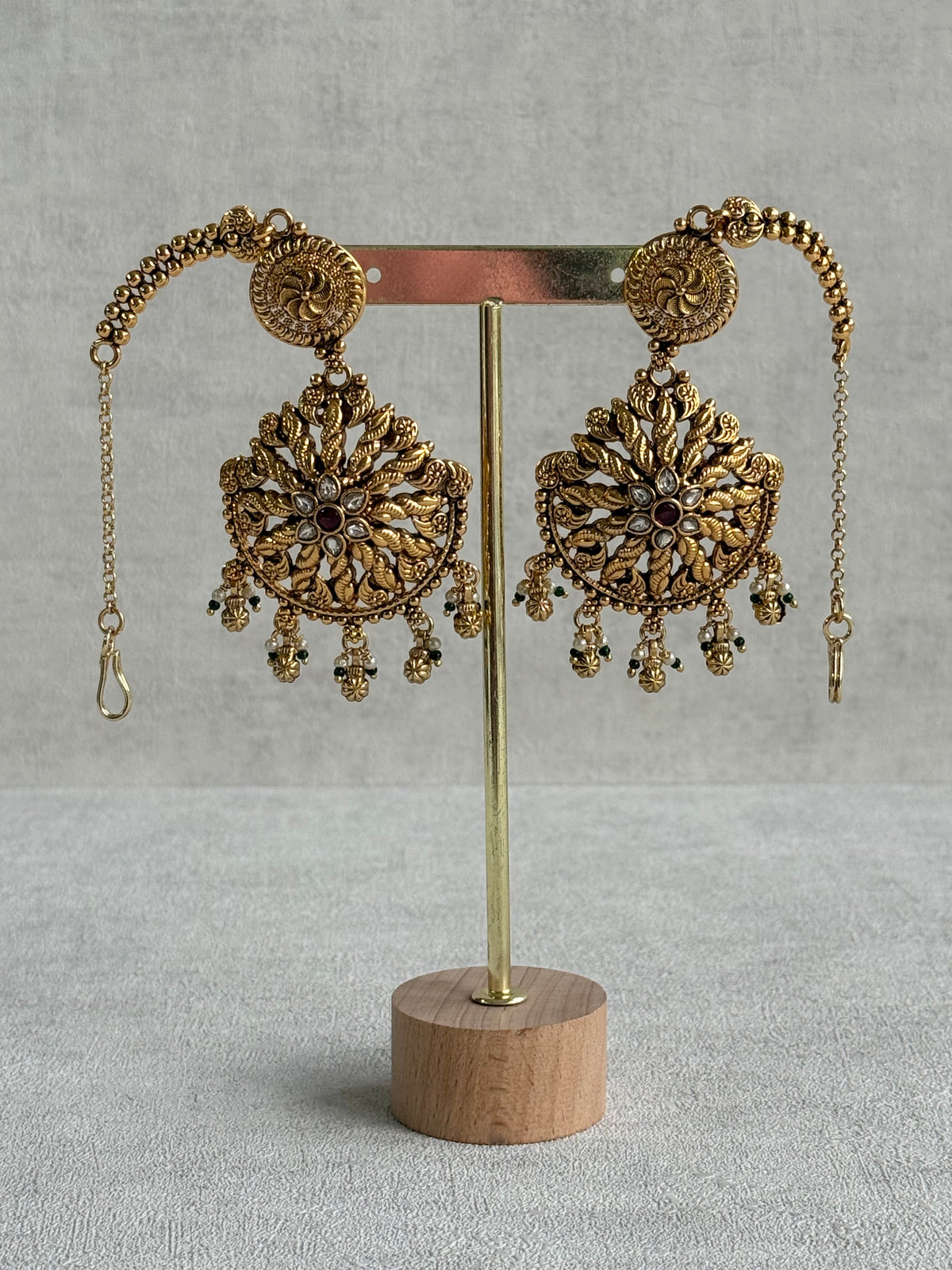 Ayura Designs Survi Tikka Set with Sahare Earrings – Antique Gold with Kundan, Pink Stones, Ivory & Green Beads