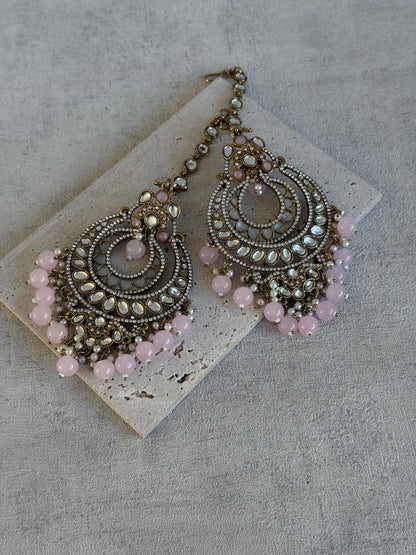 Ayura Designs Rabia Chandbalis – Antique Gold Kundan Earrings with Blush Pink Beads, Pearls & Attached Sahare