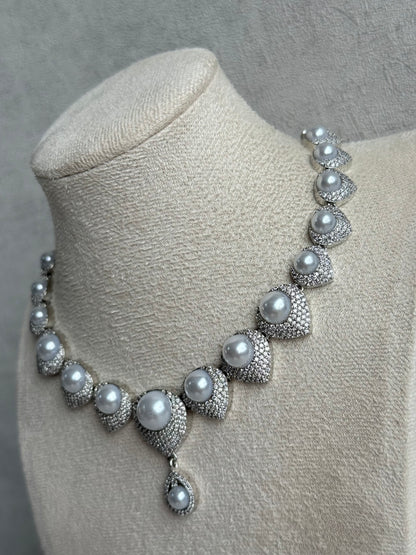 Ayura Designs Juliette Set with Necklace & Drop Earrings – Silver Crystal & Pearl Statement Set