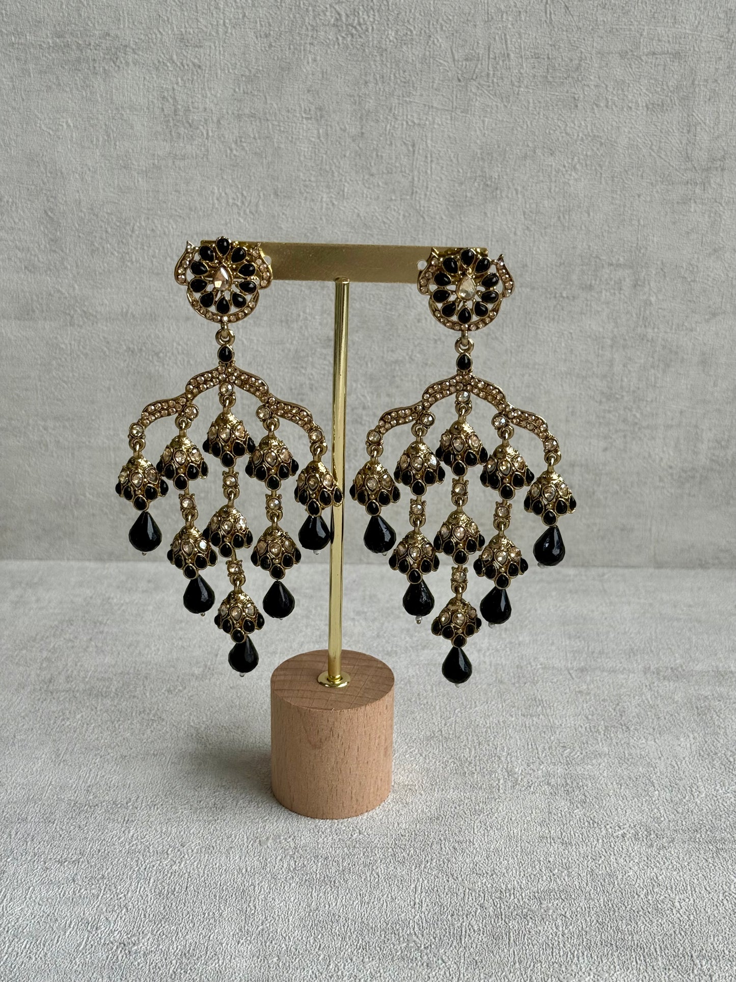 Ayura Designs Jasmine Earrings – Black Chandelier Earrings with Antique Gold Detailing & Tiered Drops