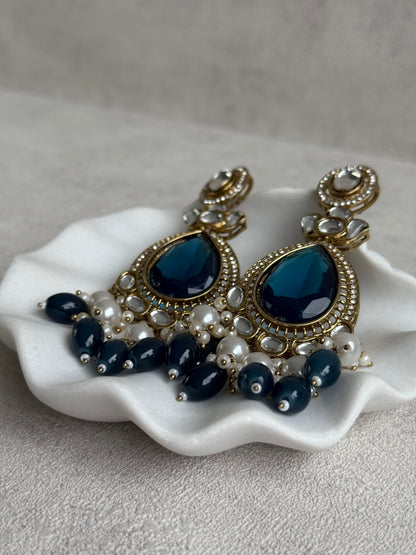 Ayura Designs Nageen Earrings – Antique Gold Jhumkis with Ink Blue Stones, Mirror-Cut Detailing & Pearl Drops