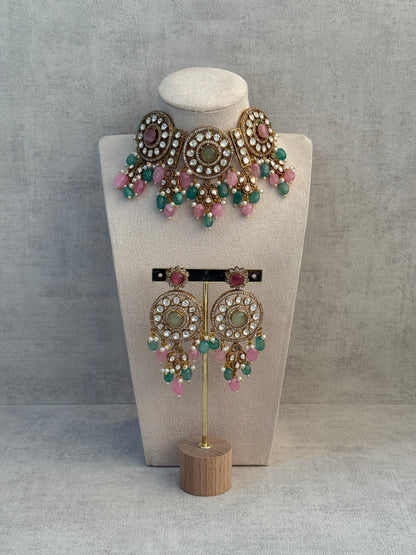 Ayura Designs Harper Set – Antique Gold Choker & Earrings with Mint Green & Blush Pink Beads, Kundan Stones & Pearl Detailing