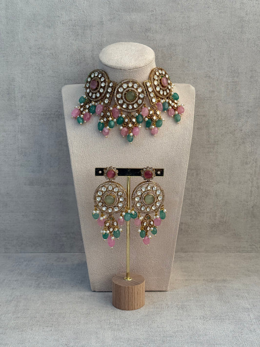 Ayura Designs Harper Set – Antique Gold Choker & Earrings with Mint Green & Blush Pink Beads, Kundan Stones & Pearl Detailing