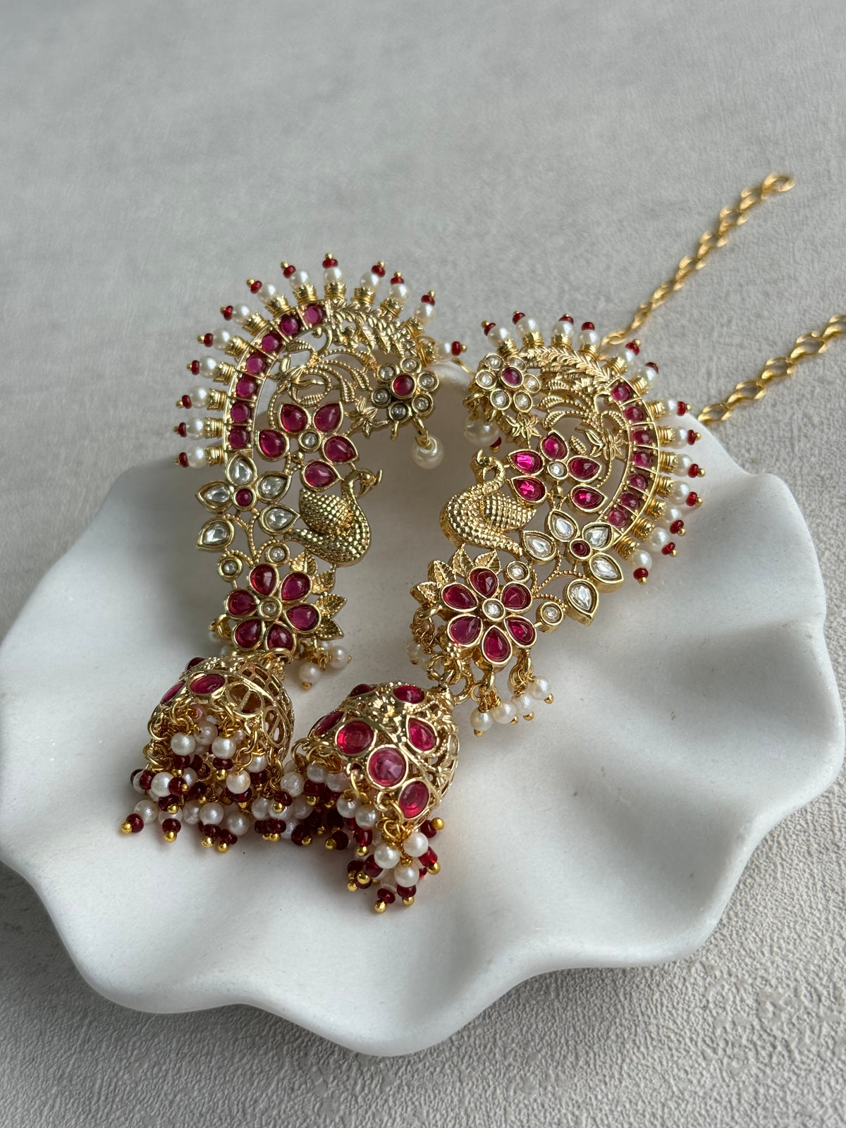 Ayura Designs Nitya Kaanphool Jhumkis – Gold Peacock Motifs, Pink Kundan & Pearl Drops with Attached Sahare