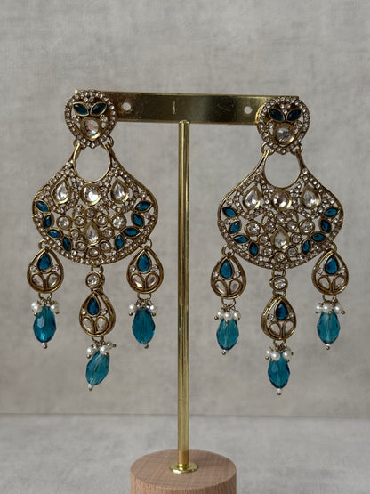 Ayura Designs Hoorain Set with Earrings – Antique Gold Finish, Mirror-Cut Stones & Peacock Blue Beads