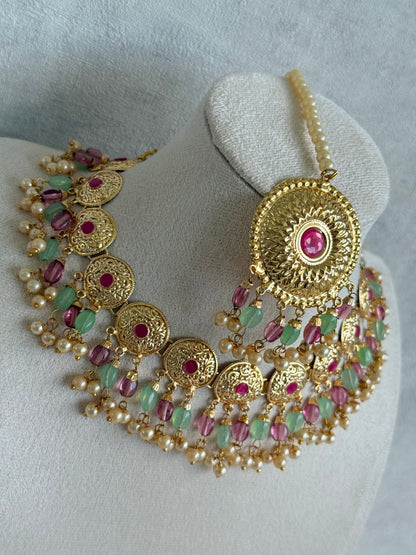 Ayura Designs Jyoti Set with Earrings & Tikka – Gold Disc Necklace with Ruby Pink, Mint Green & Pearl Detailing