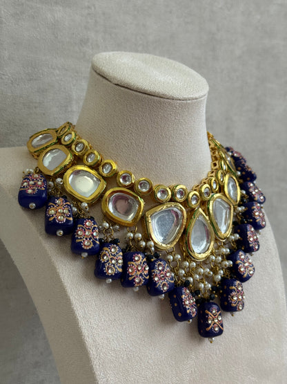 Ayura Designs Omika Set With Necklace And Earrings – Kundan Stones And Navy Blue Meenakari Drops