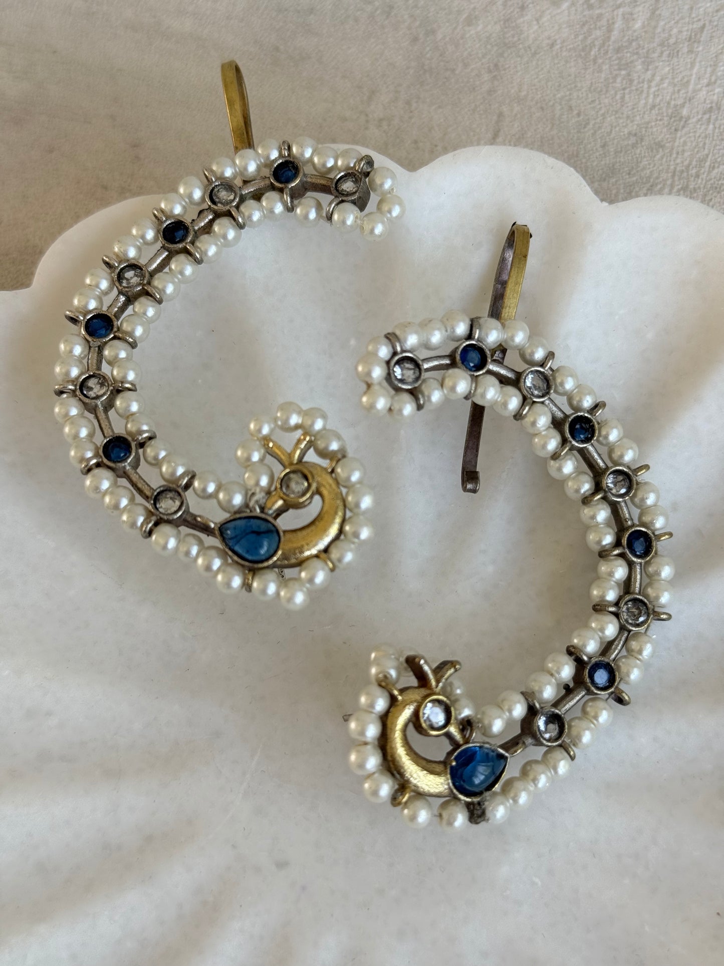 Ayura Designs Nupur Earrings – Pearl Ear Climbers with Sapphire Blue Stones & Pearl Detailing