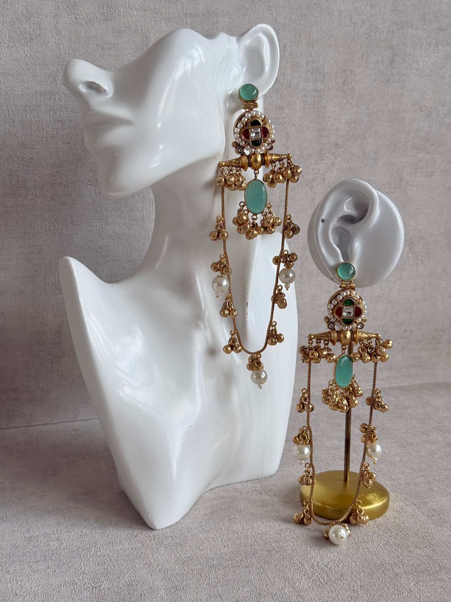 Ayura Designs Kashifa Earrings – Kashmiri Earrings with Mint Green Stone, Ghungroo Detailing & Pearl Drops