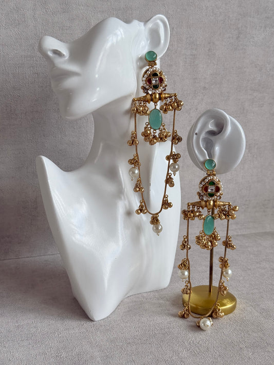 Ayura Designs Kashifa Earrings – Kashmiri Earrings with Mint Green Stone, Ghungroo Detailing & Pearl Drops