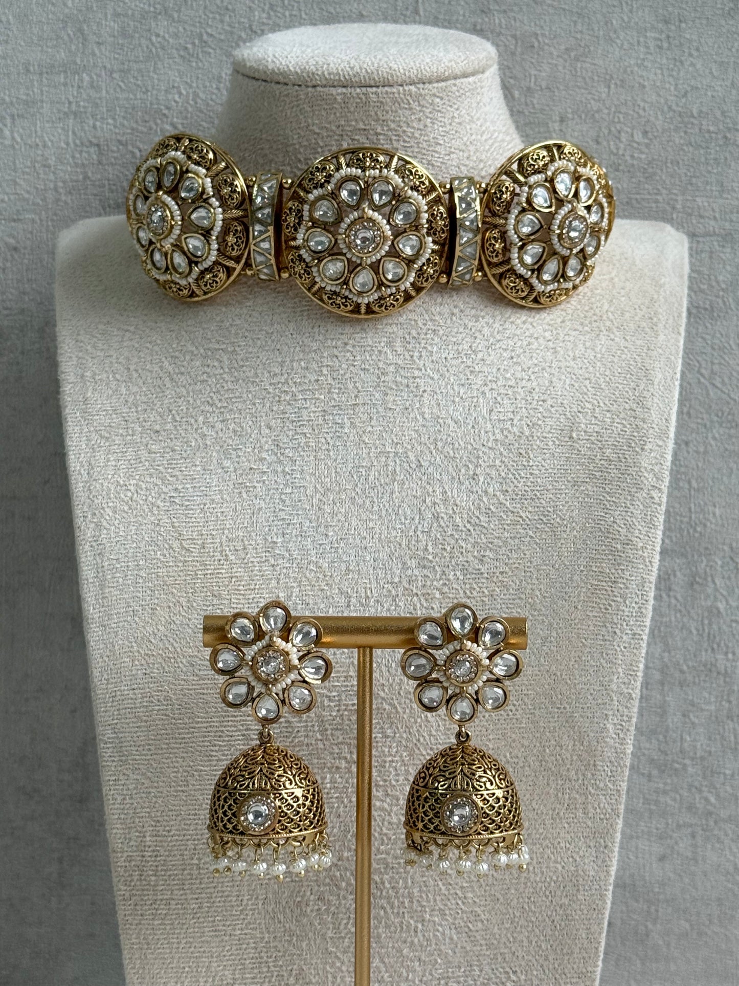 Ayura Designs Tanu Choker Set – Antique Gold Choker & Jhumkis with Kundan, Pearl Borders & Filigree Detailing