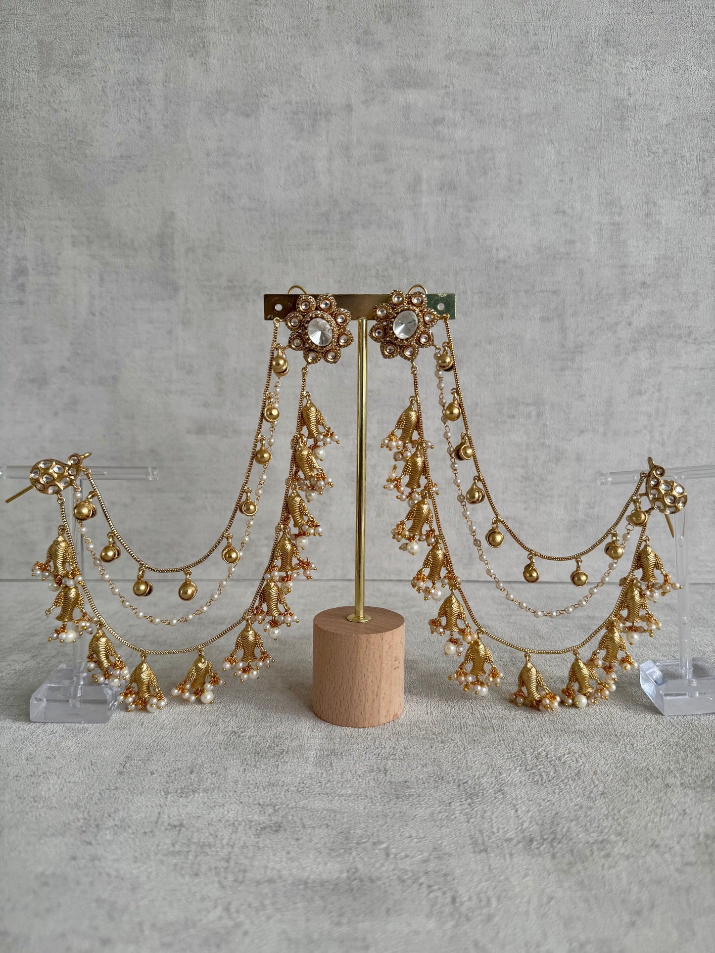 Ayura Designs Kohsar Earrings with Sahare – Mirror-Cut Studs, Fish Motifs & Pearl Detailing in Antique Gold