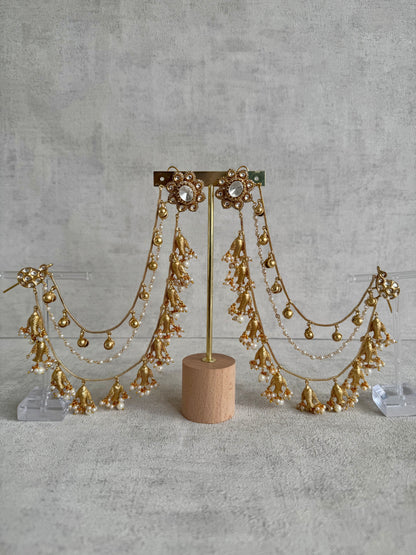 Ayura Designs Kohsar Earrings with Sahare – Mirror-Cut Studs, Fish Motifs & Pearl Detailing in Antique Gold