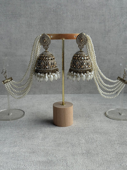 Ayura Designs Amrita Set – Jhumkis with Sahare & Tikka in Ivory Pearls and Antique Gold Finish