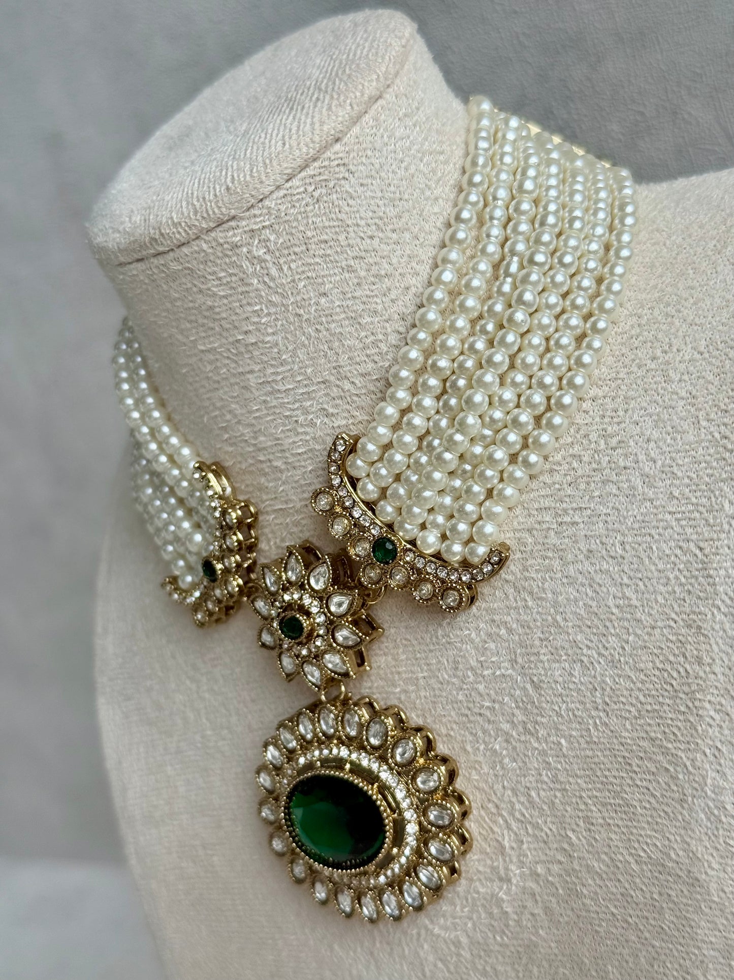 Ayura Designs Amaya Necklace Set with Studs – Antique Finish in Emerald Green Stones with Pearl Strands