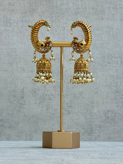 Ayura Designs Mythili Jhumkis – Half Ear Cuffs in Antique Gold with Peacock Design, Emerald Green Stones and Pearl Drops