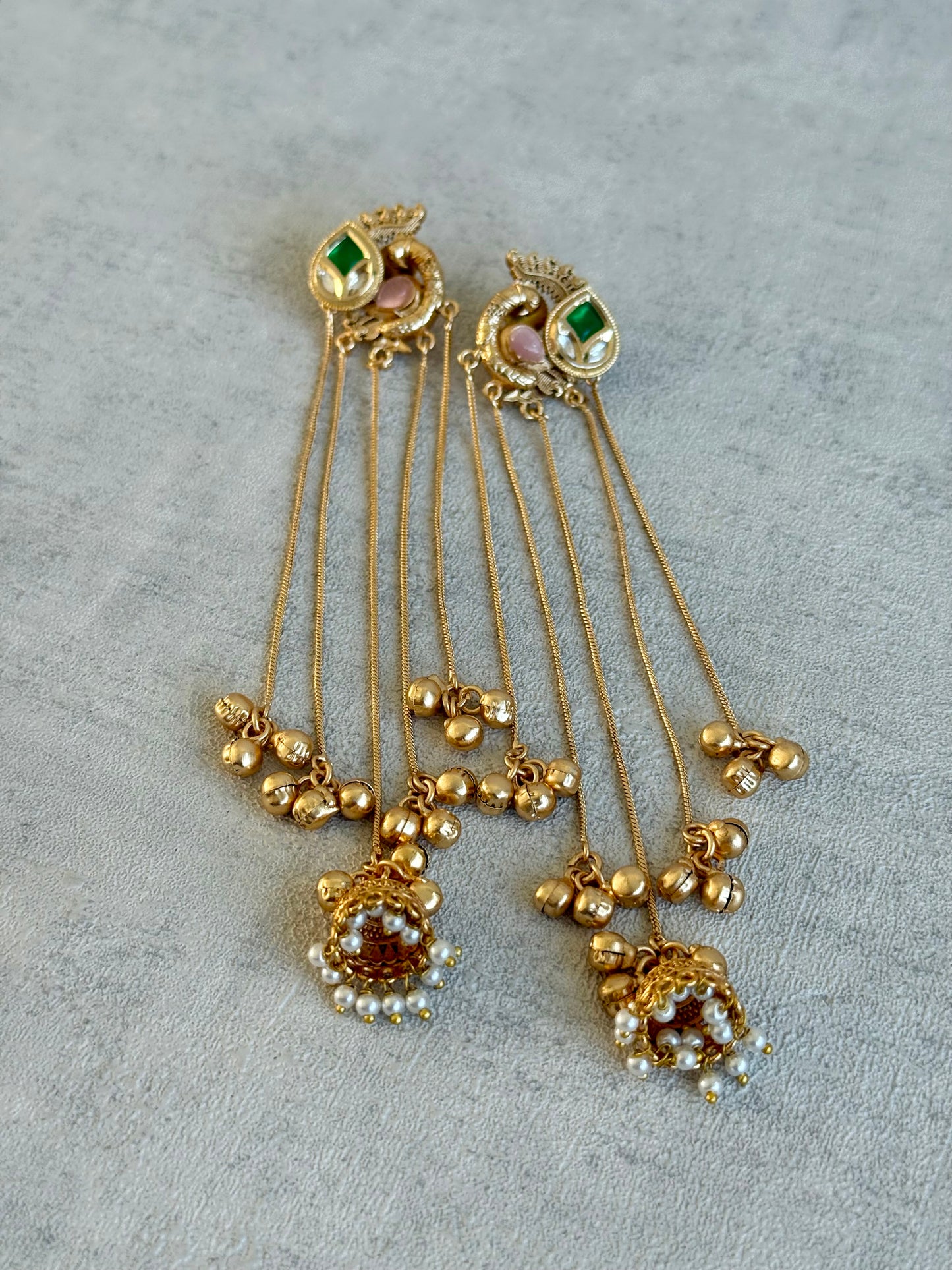 Ayura Designs Morira Earrings – Antique Gold Jhumki Earrings with Kundan Stones, Chains & Ghungroo Detailing