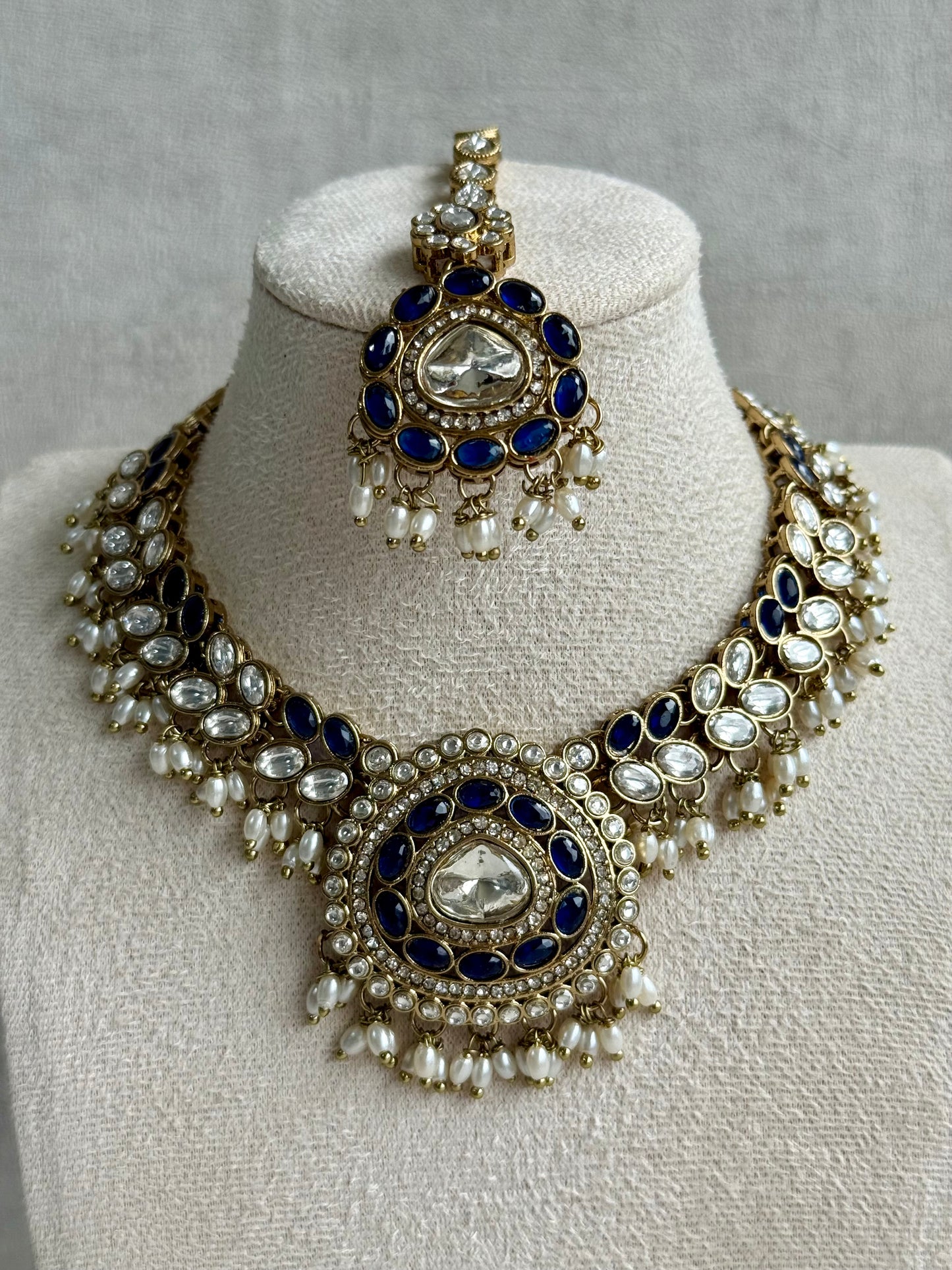 Ayura Designs Warda Set with Earrings & Tikka – Ink Blue Ovals, Mirror-Cut Stones & Ivory Pearls