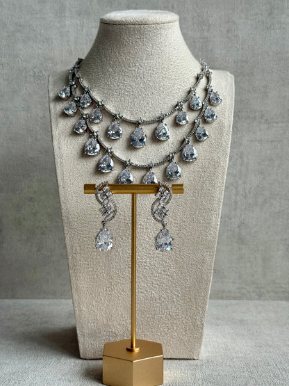 Ayura Designs Nida Set with Necklace & Earrings – Clear Crystal Stones, Diamond-Cut Detailing & Silver Finish